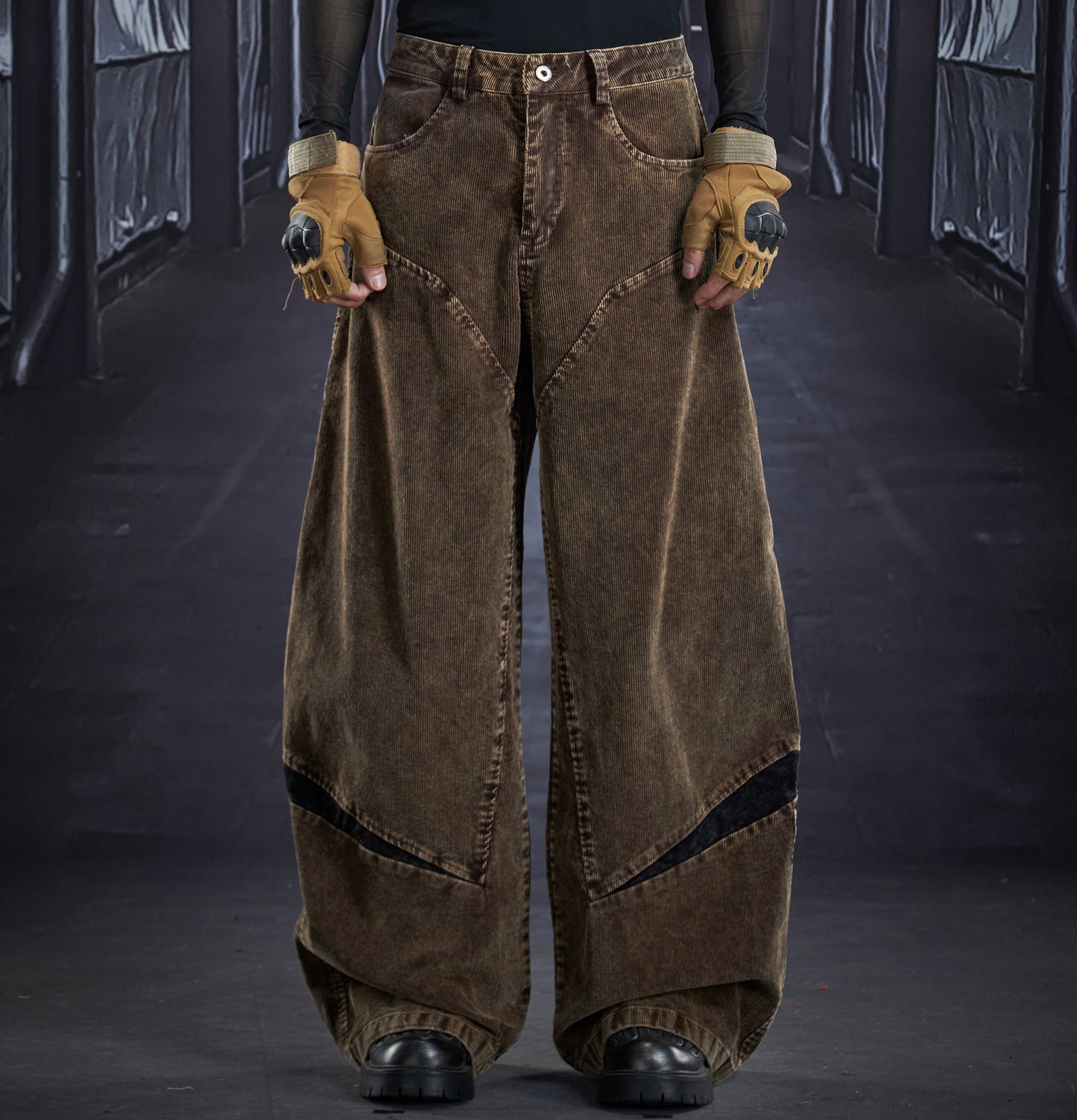 Wash Damage Corduroy Patchwork Cargo Denim Jeans WN22880