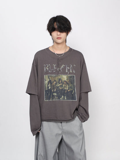 Fake Layered Print Oversize Long Sleeve T-Shirt WN24415
