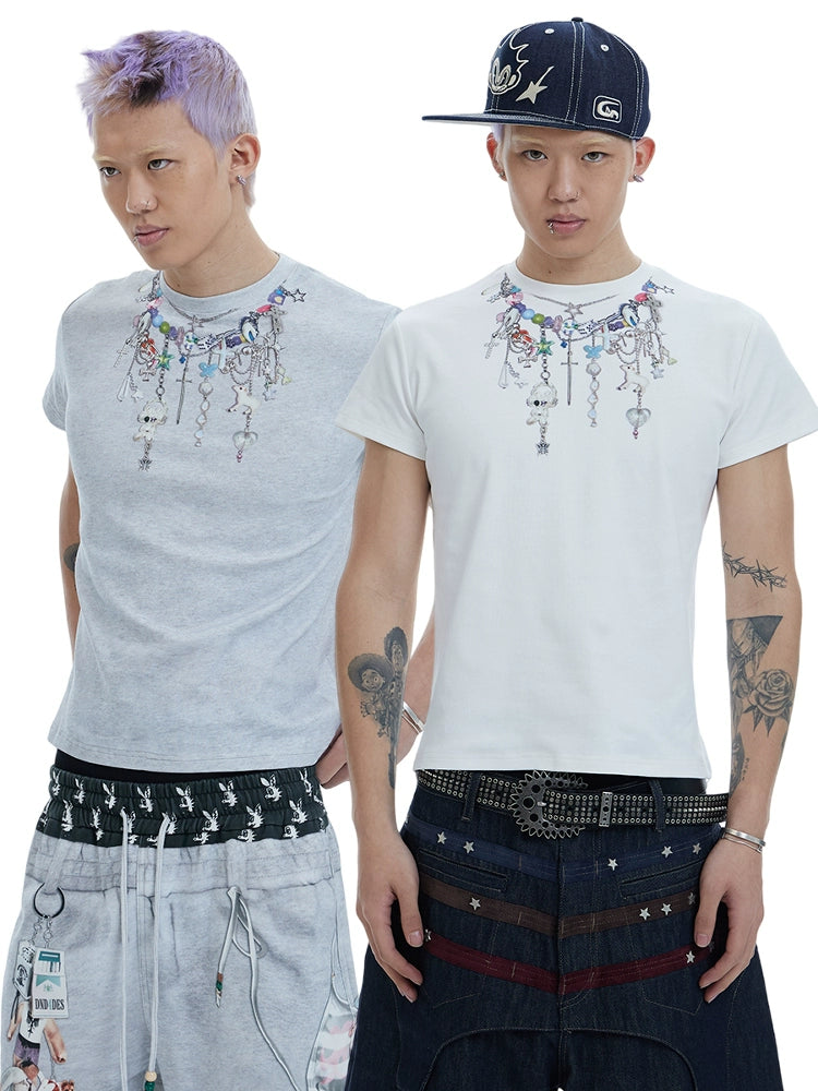 Cartoon Chain Print Stretch Short Sleeve T-Shirt WN17077