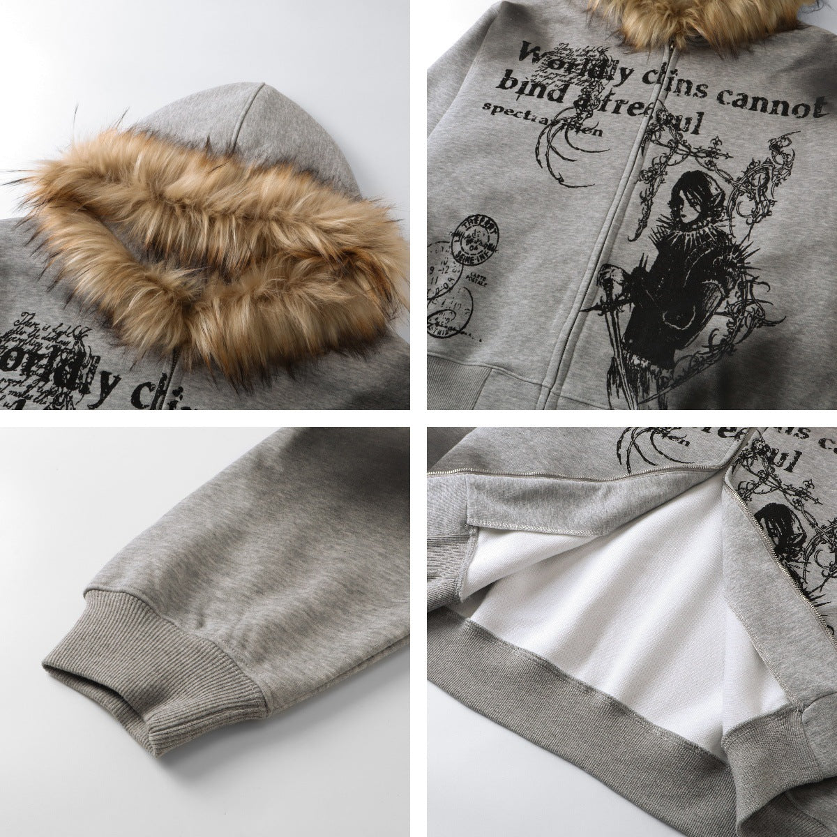 Fake Fur Collar Print Zipper Hoodie WN10999