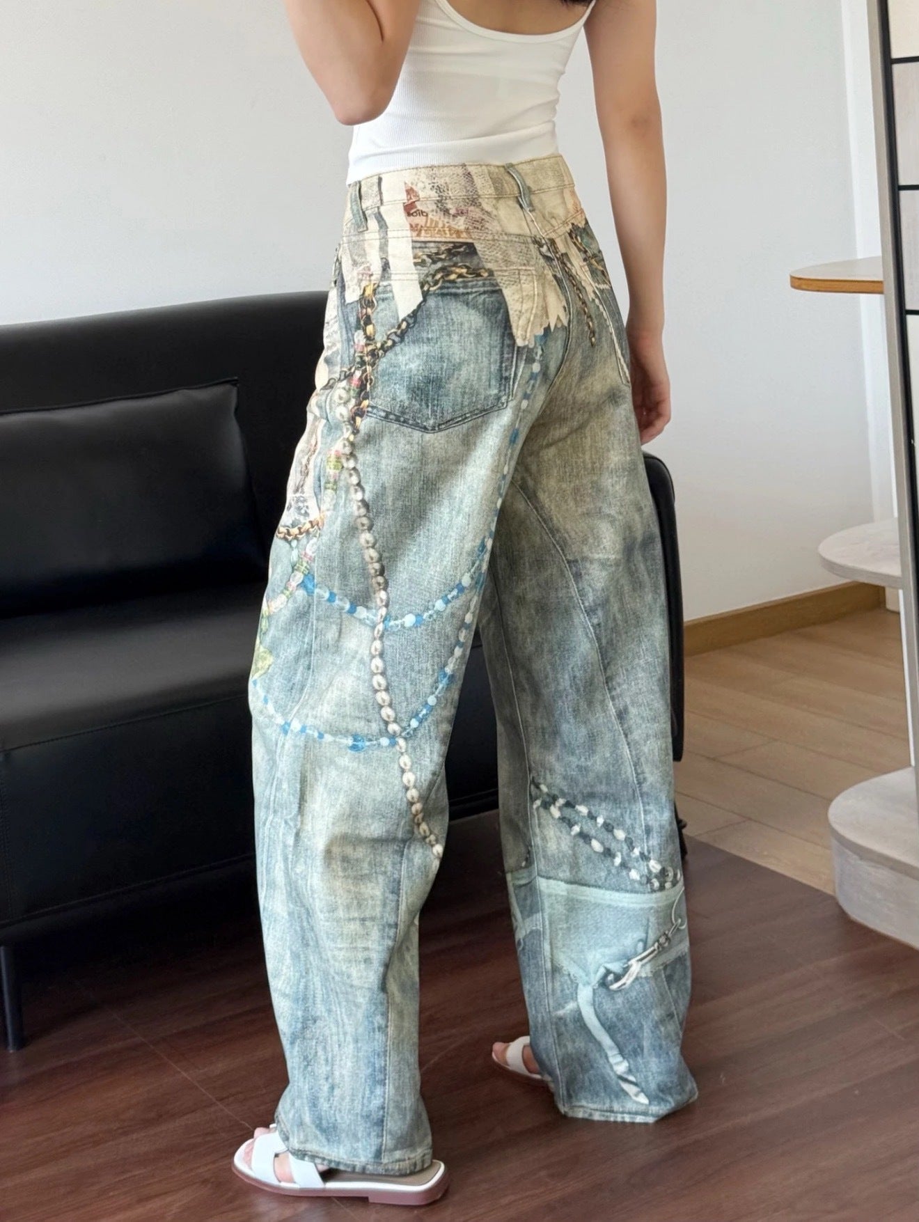 3D Print Washed Wide Leg Denim Jeans WN23038