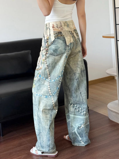 3D Print Washed Wide Leg Denim Jeans WN23038