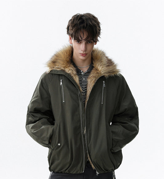 Fake Fur-Collar Pockets Design Thick Zipper Jacket WN22091