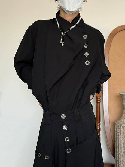 Standing-Collar Irregular Neckline Elegant Long Sleeve Shirt WN19983