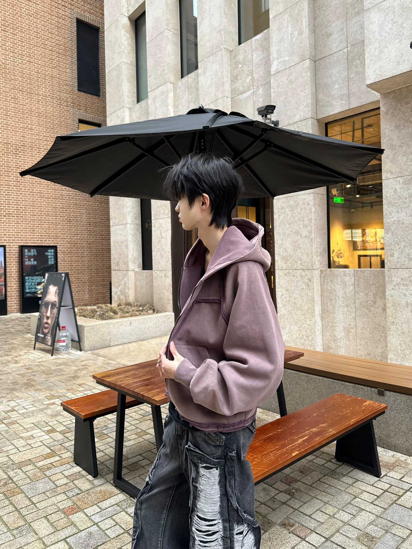 Graphic Print Wash Zipper Hoodie WN20737