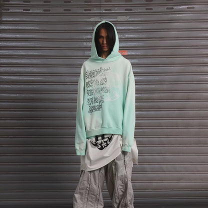 Washed Embroidery Print Oversize Pullover Hoodie WN19058