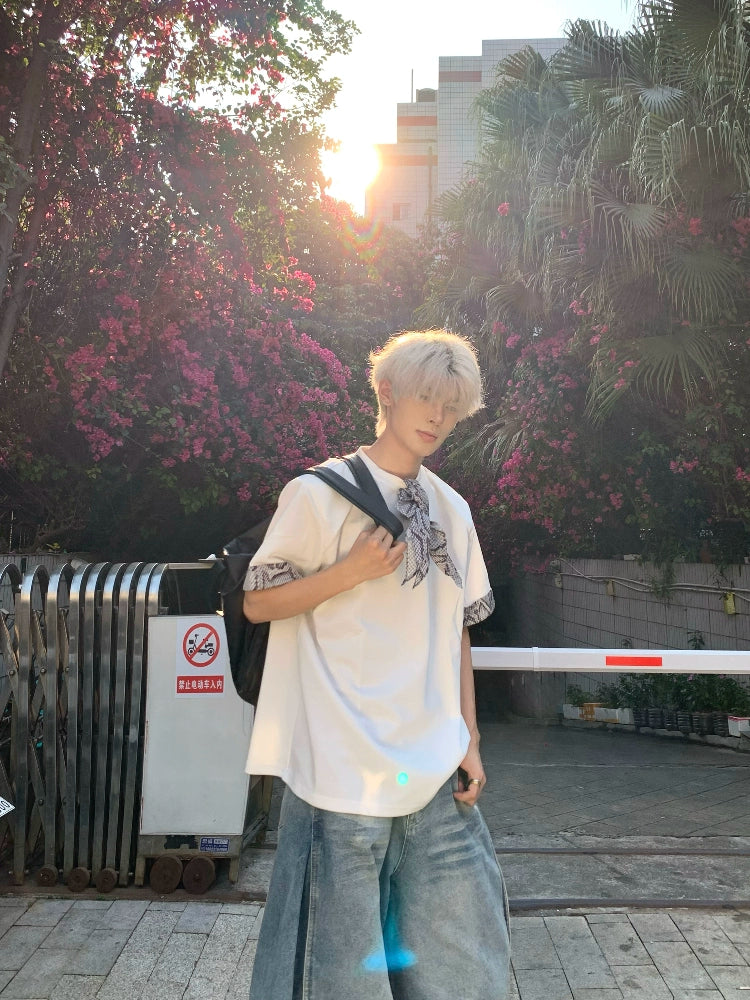 Snake Print Ribbon Contrast Short Sleeve T-Shirt WN19724