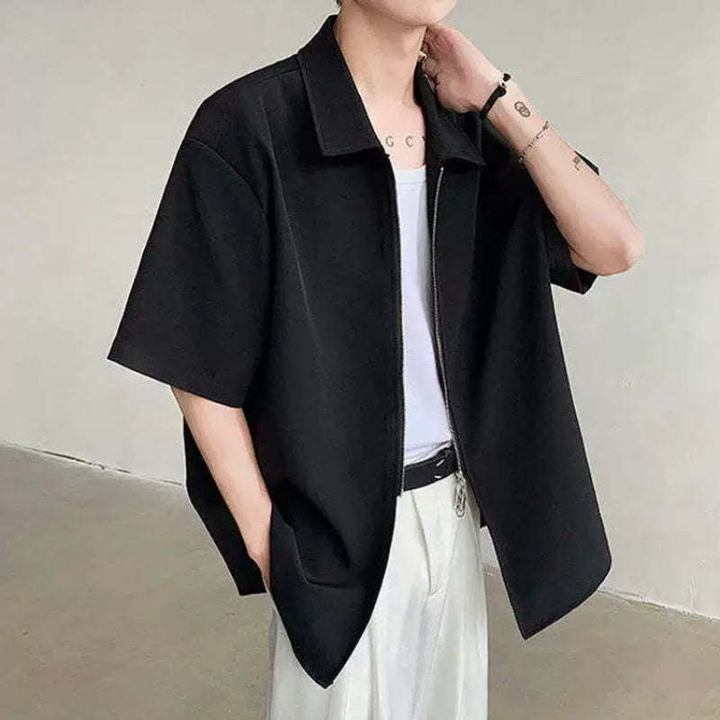 Double Zipper Design Short Sleeve Shirt WN19323