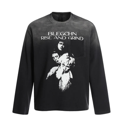 Gradient Damage Pocket Letter Print Long Sleeve T-Shirt WN21029