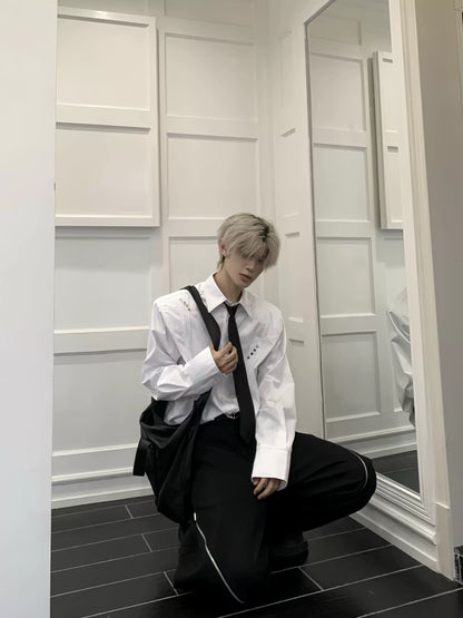 Metal Studs Shoulder-Pad Pleats Long Sleeve Shirt & Tie WN19807