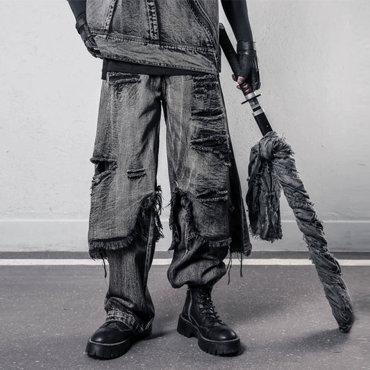 Tactical Fake Layered Damage Fringe Denim Jeans WN22418