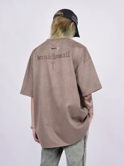 Suede Cross Embroidery Short Sleeve T-Shirt WN24457