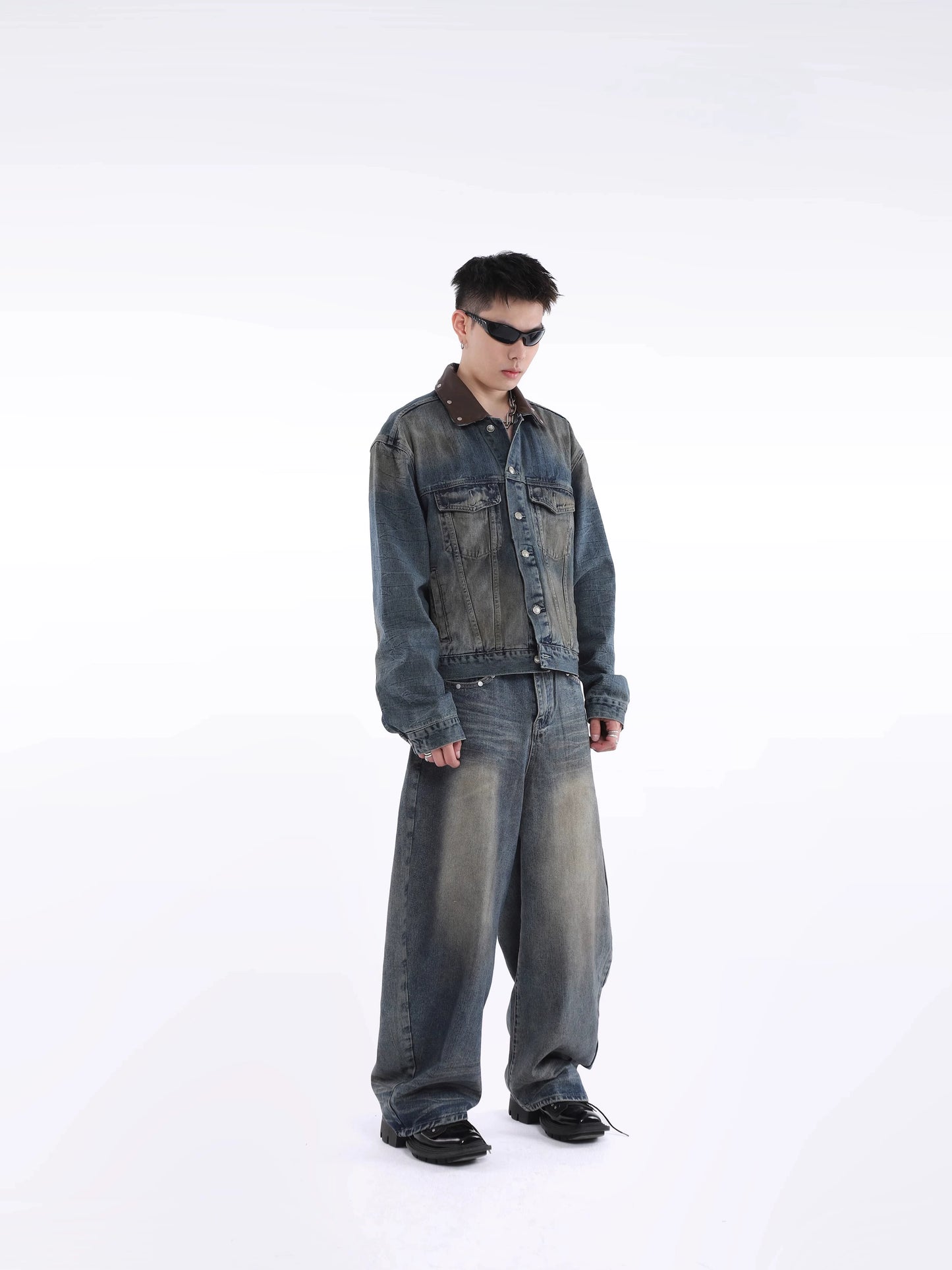 Patchwork Design Oversize Denim Jacket & Wide Leg Denim Jeans Setup WN20639