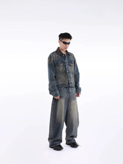 Patchwork Design Oversize Denim Jacket & Wide Leg Denim Jeans Setup WN20639