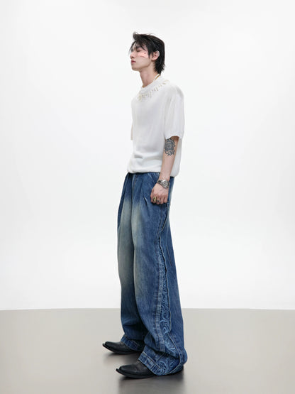 Washed Gradient Embroidery Pleats Straight Denim Jeans WN18363