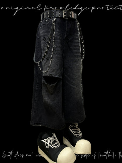 Letter Damage Wide-Leg Straight Half Denim Jeans & Belt & Chain WN20103