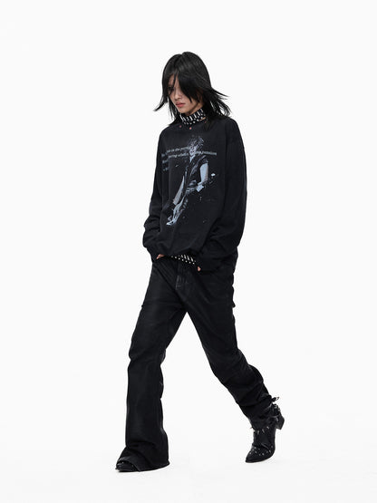 Washed Guitar Portrait Slogan Print Long Sleeve T-Shirt WN27324