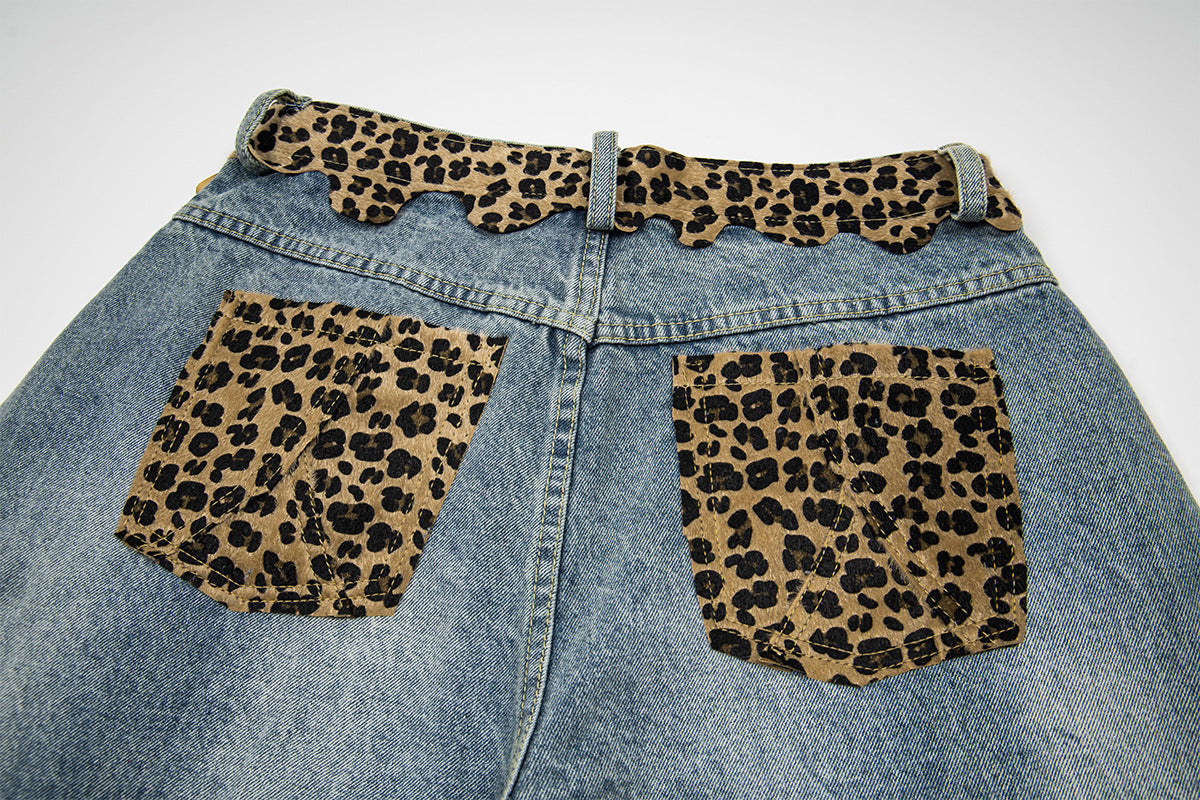 Leopard Print Damage Half Denim Jeans WN25462