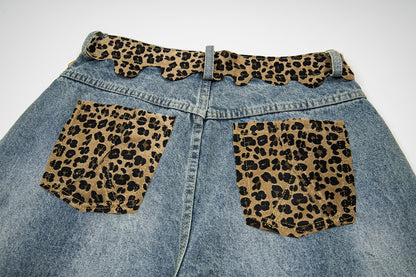 Leopard Print Damage Half Denim Jeans WN25462