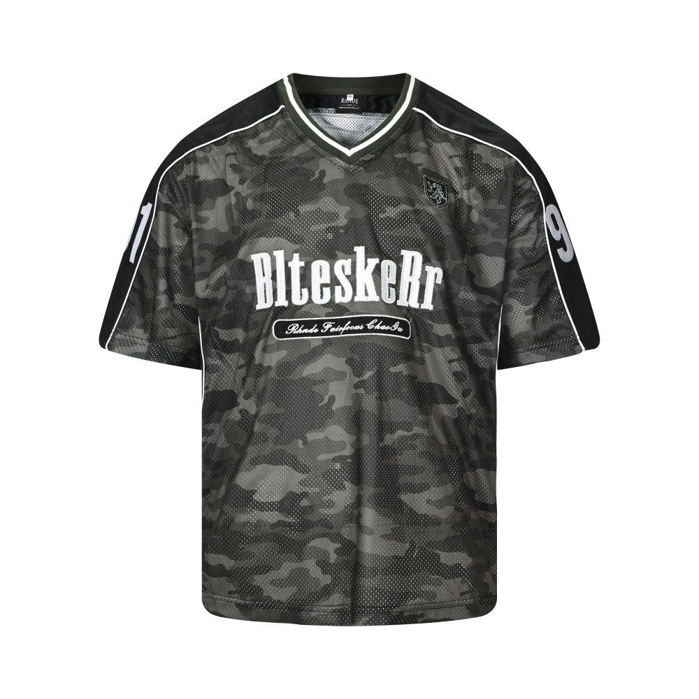 Camouflage Letter Badge Embroidery Contrast Patchwork Oversize Short Sleeve T-Shirt WN27902