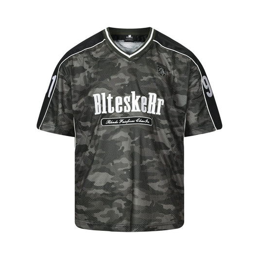 Camouflage Letter Badge Embroidery Contrast Patchwork Oversize Short Sleeve T-Shirt WN27902