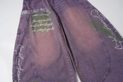 Washed Panel Wide Leg Letter Denim Jeans WN27951