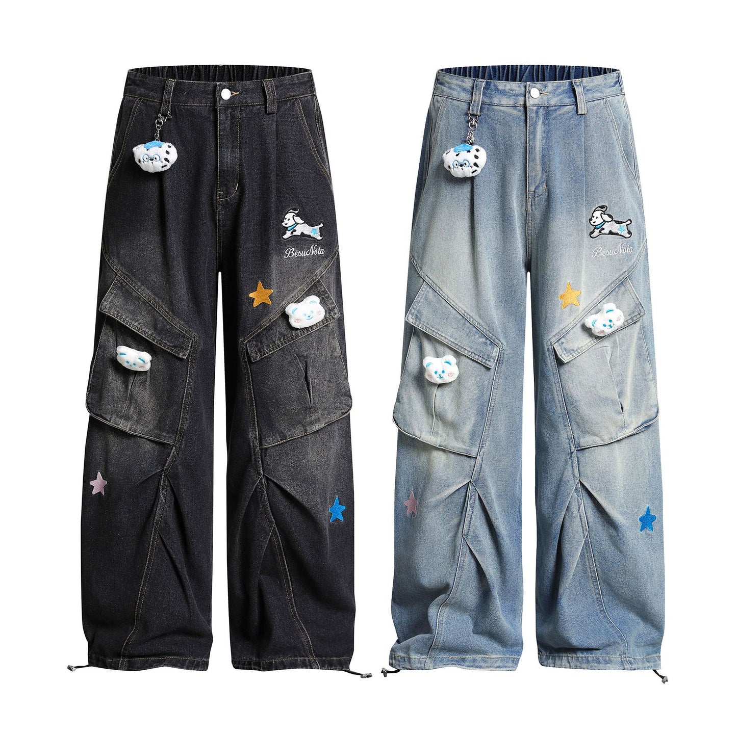 Pleated Dog Embroidery Detachable Dog Charm Wide Leg Denim Jeans WN26803