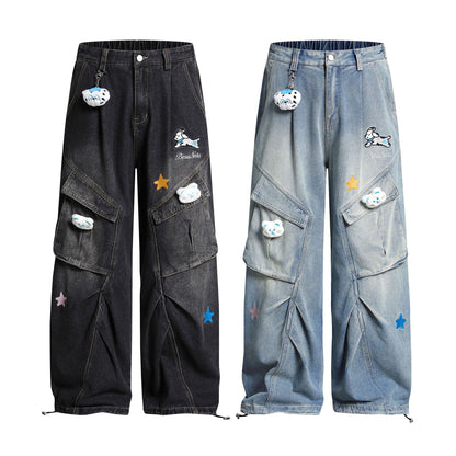 Pleated Dog Embroidery Detachable Dog Charm Wide Leg Denim Jeans WN26803