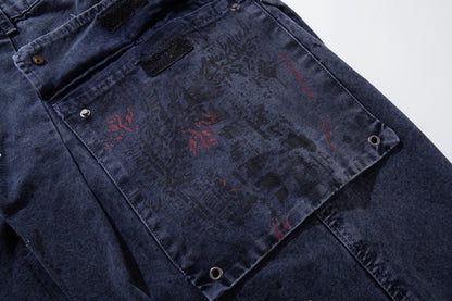 Denim Paint Splatter Multi-Pocket Wide Leg Half Pants WN27938