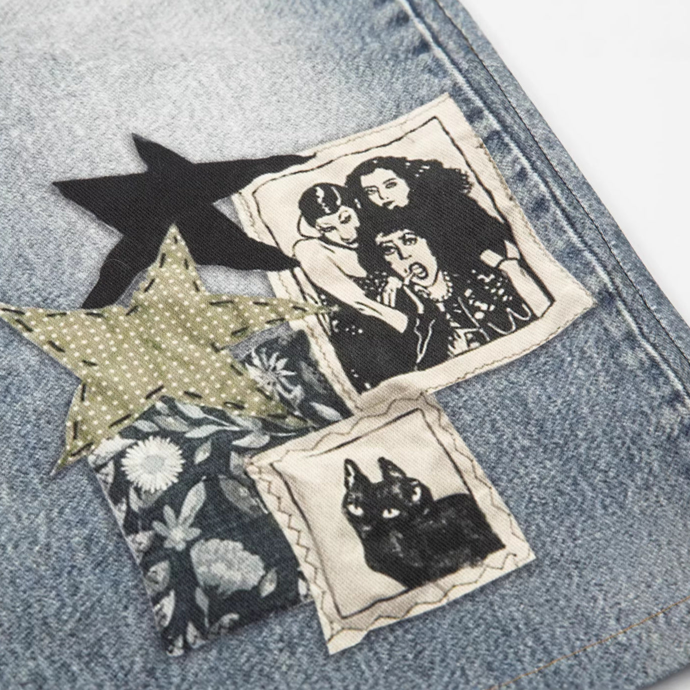 Washed Charm Patch Wide Leg Cropped Denim Jeans WN25564
