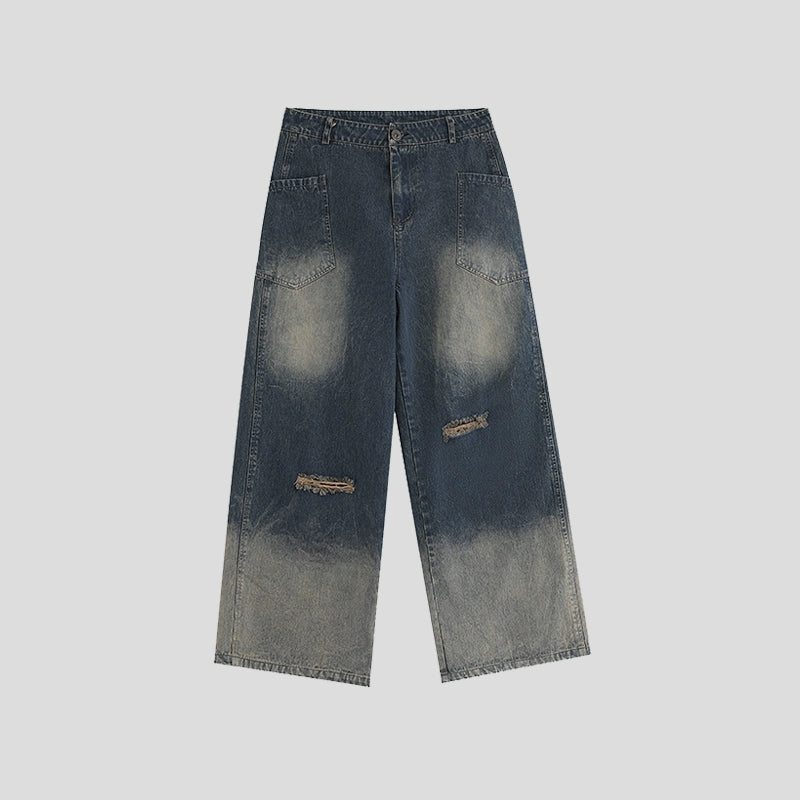 Washed Gradual Damage Wide-Leg Straight Denim Jeans WN7233