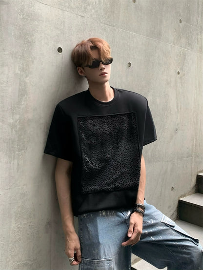 Design Print Shoulder-Pad Short Sleeve T-Shirt WN20047