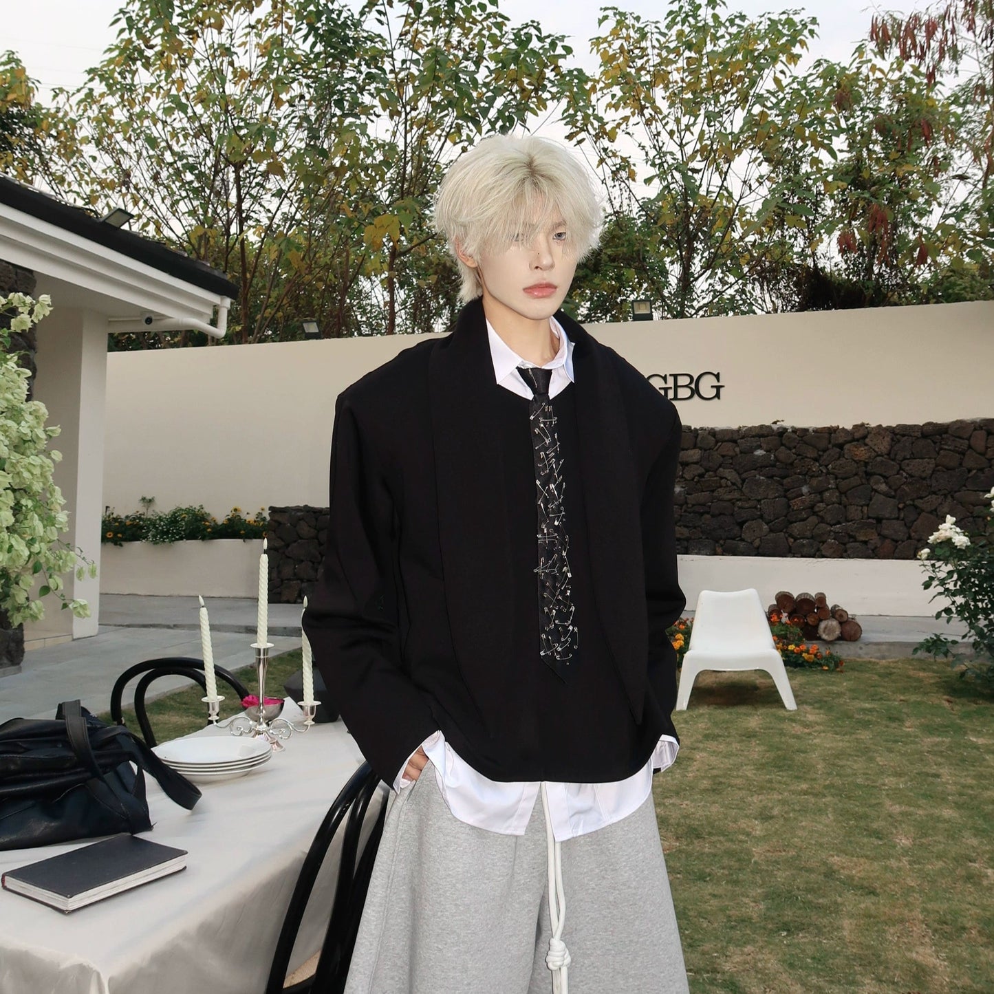 Double Collar Tie Shoulder-Pad Pullover Sweatshirt WN19920