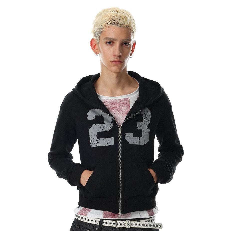 Cropped Number Graphic Zipper Hoodie WN27966
