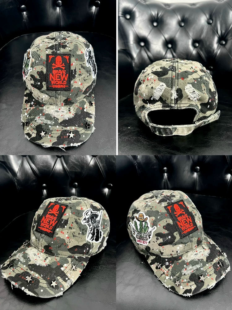 WN24074 YIZILINGF Original Homemade Niche Camouflage Ripped Peaked Cap Heavy Craft Rivet Embroidery Personalized Baseball Cap WN24074