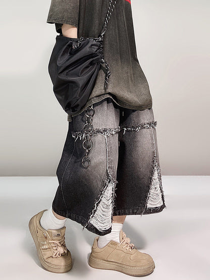 Ripped Wide Leg Denim Half Jeans WN24015