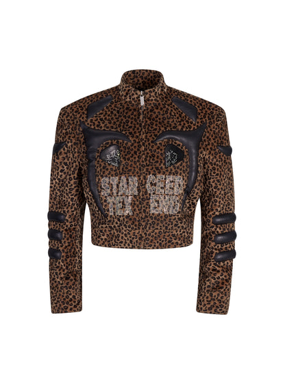 Leopard Rhinestone Mix PU Leather Short Zipper Jacket WN21767
