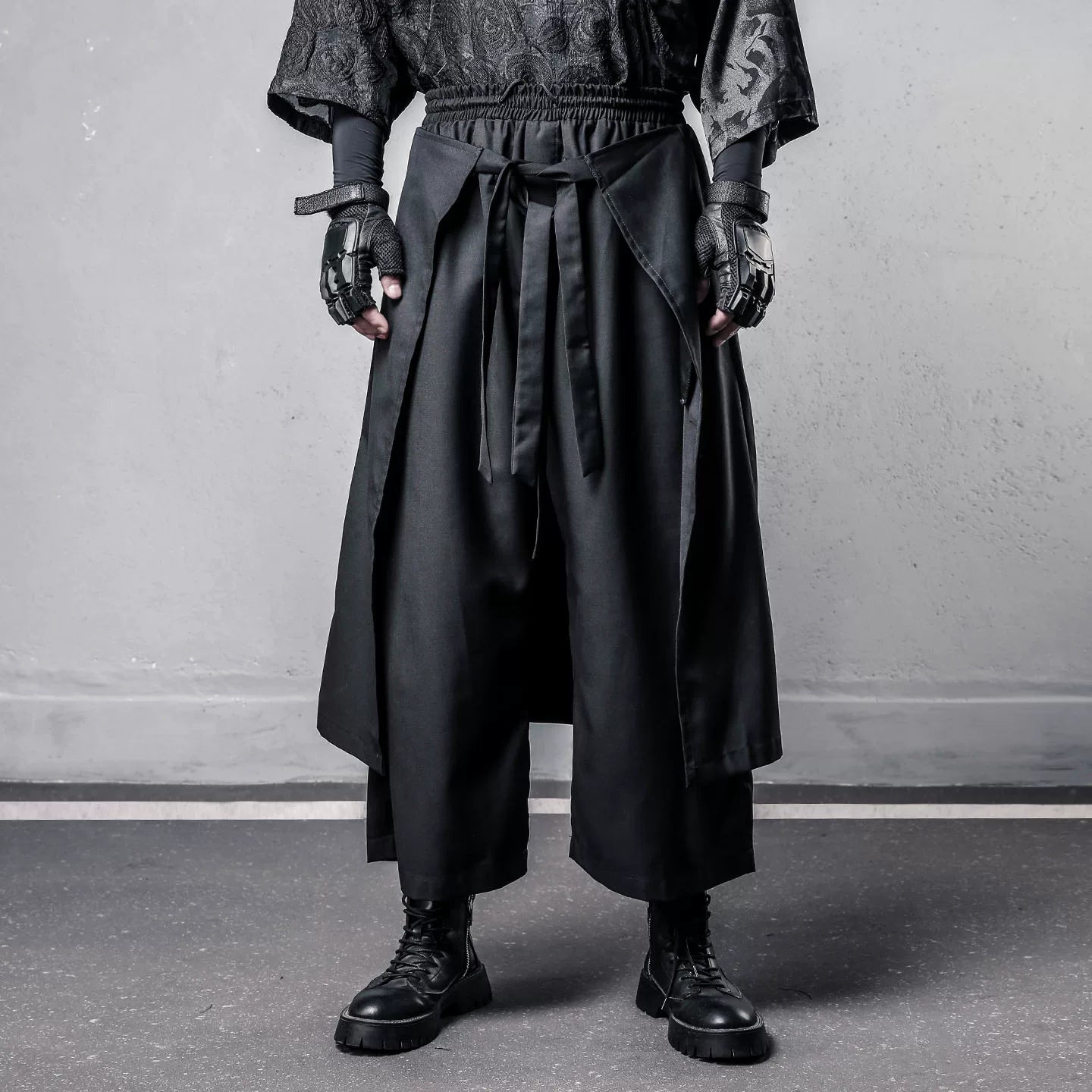 Fake Layered Ribbon Strap Cropped Wide Leg Pants WN22495