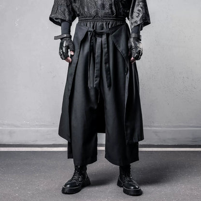 Fake Layered Ribbon Strap Cropped Wide Leg Pants WN22495