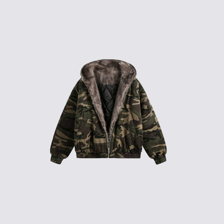 Camouflage Fake Fur Collar Hooded Puffer Jacket WN28044