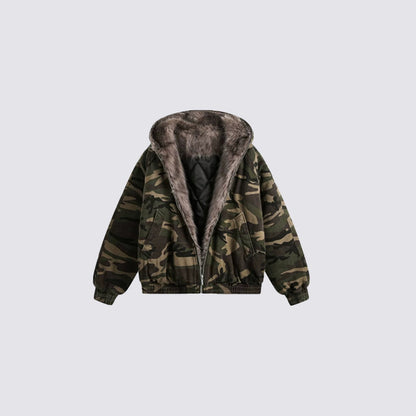 Camouflage Fake Fur Collar Hooded Puffer Jacket WN28044
