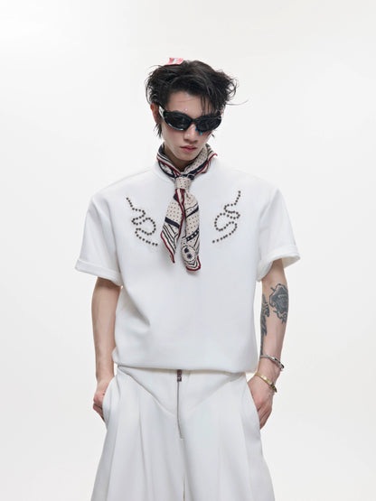 Metal Stud Spine Design Slim Short Sleeve T-Shirt WN18338