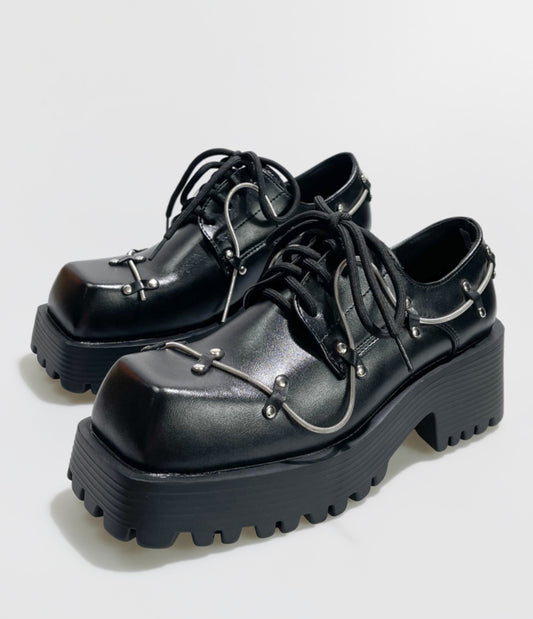 Square Toe Chunky Heel Leather Platform Derby Shoes WN20612
