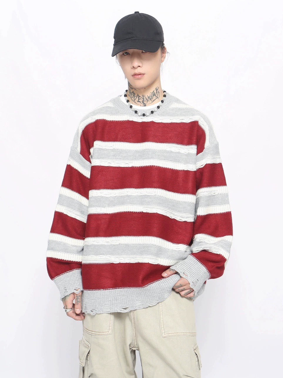 Stripe Damage Round Neck Oversize Knit Sweater WN10891