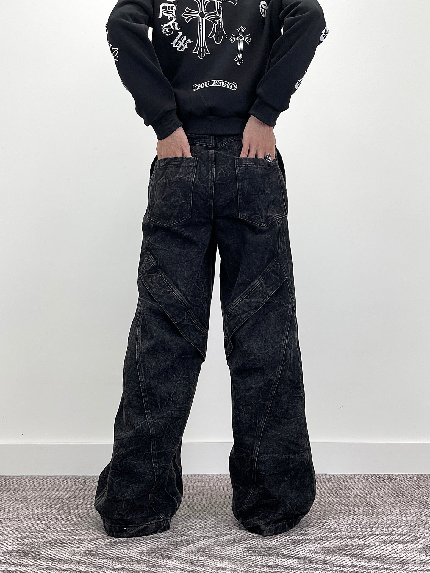 Cracked Wash Deconstructed Wide Leg Denim Jeans WN24278