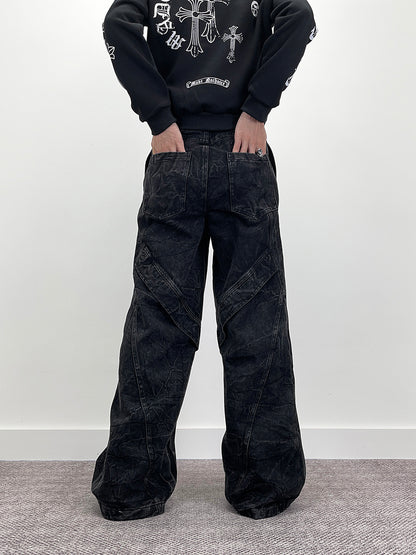 Cracked Wash Deconstructed Wide Leg Denim Jeans WN24278