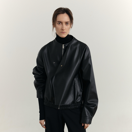 Curved Placket Zipper PU Leather Jacket WN21650