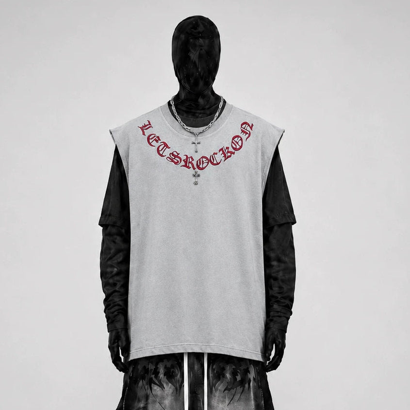 Washed Gothic Letter Embroidery Sleeveless T-Shirt WN27947