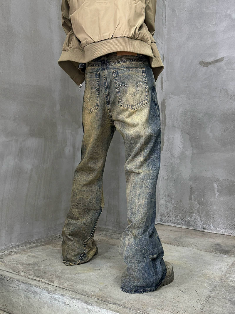 Washed Damage Straight Wide Leg Denim Jeans WN21181