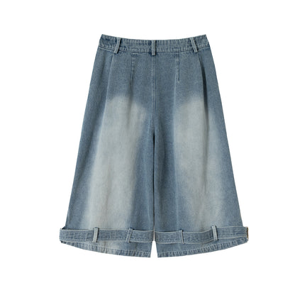Lace-Up Washed Wide Leg Denim Short Pants WN25611